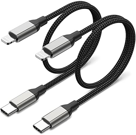 Acecene USB-C-Lightning-kabel, kort, 20 cm, 2 st., nylonflätad iPhone-laddningskabel med Power Delivery, Lightning-laddningskabel för iPhone 14/13/12/11/Pro/Max/Mini/SE/X/XS/XR/8/Plus – svart