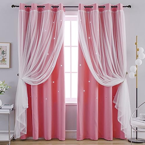 Anytime Romantischer Kindervorhang, ausgehöhlte Sterne, Fenstervorhang, doppellagig, Verdunkelungsvorhänge für Mädchenzimmer, Kinderzimmer, 2 Paneele, (B 52 x L 72, Rosa)