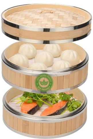 COOL DESIGN Reinforced Bamboo Steamer, Bamboo Steamer with 18cm Stainless Steel Rings, Double Basket, with Reusable Silicone Mesh, the Strongest Bamboo Steamer