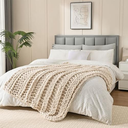 Esterra tjock stickad filt, 100 % handgjord chenille filt 102 cm x 127 cm, mjukt tjockt garn kabel stickad virkad filt rep knut överkast för bäddsoffa, aprikos vit