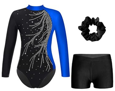 iiniim Mädchen Turnanzug Glitzer Gymnastikanzug mit Shorts Haarband Trikotanzug Langarm Gymnastik Leotard Wettbewerb Tanzkostüm Blau&Schwarz 134-140