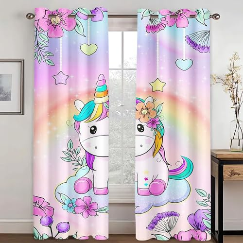 WEQEER Vorhänge Blickdicht Einhorn Verdunklungsgardine Karikatur Rosa Pferd Kinder Fenstervorhang Regenbogen Wolken drucken Vorhang für Kinderzimmer (4,100x140cm(2x50x140cm))