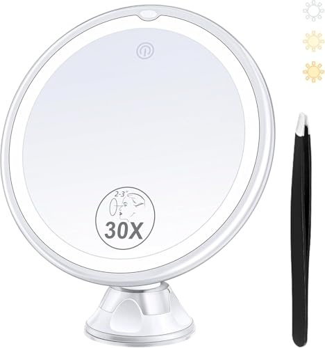 Espejo de aumento con luz 30X, espejo de maquillaje iluminado 30X para maquillaje de precisión, 3 modos de color y brillo ajustable, espejos de aumento giratorios de 360°, ventosa para baño de 8