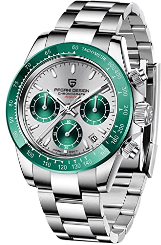 Pagani Design Klassische Quarzuhr für Herren, Japanisches Uhrwerk VK63, Keramik-Lünette, Edelstahl, wasserdicht, Business Sport, Chronograph Datum (Grün-pd1644)