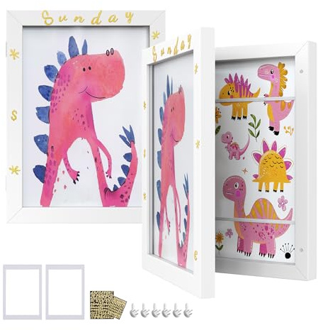SONGMICS Bilderrahmen 2er Set, A4, 22 x 28 cm, 34,5 x 25,5 cm, Glas | jede Box für bis zu 150 Zeichnungen, MDF, Passepartout, Sticker, spurlose Wandhaken, mattweiß, KAVI Kollektion RPF052W02