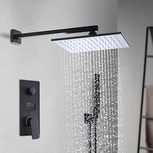 Regendusche Duschsystem Unterputz Duscharmatur Set, Temperaturanzeige 12-Zoll-Duschkopf ohne Armatur, Handbrause und Duschgarnitur, Regendusche 2-Funktions-Umsteller, Air-Boost-Technologie