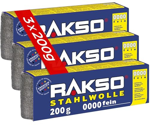 RAKSO Stahlwolle extrafein 0000-600 g, 3 Banderolen à 200g, poliert gewachstes Holz, Kupfer, Messing, mattiert Oberflächen, säubert Glas