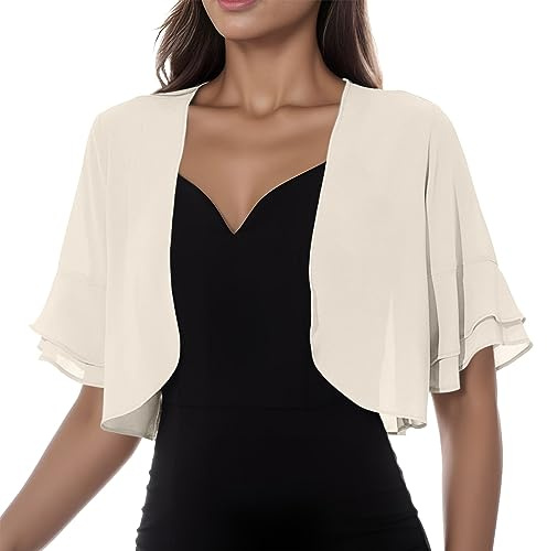 Damen Sommer Elegant Strickjacke Chiffon Kurzarm Lässige Cardigan Festlich Bolero Kurze Leichte Schulterjacke Festliche Transparent Perfekt mit Allerlei Cocktailkleid Abendkleid