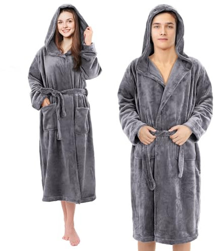 Pameil Bademantel für Damen & Herren Flauschig Morgenmantel mit Kapuze & aufgesetzten Taschen Mikrofaser Coral Fleece (DE/NL/SE/PL, Alphanumerisch, XXL, Regular, Regular, Grau)