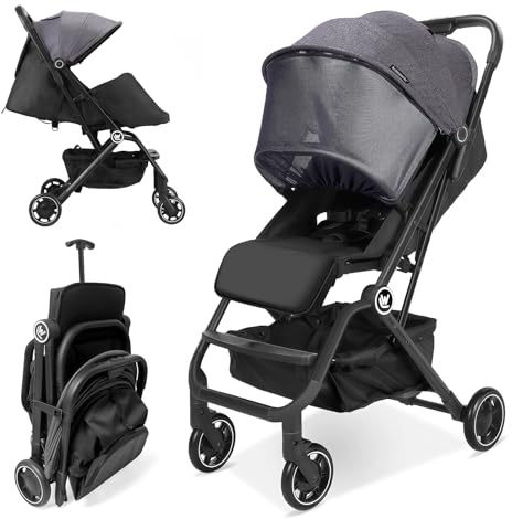 Rollingsurfer Lightweight Baby Stroller, Compact Travel Stroller with Retractable Foot Cover & Sleep Shade, One Hand Fold Stroller, Toddler Pushchair Adjustable Seat for Airplane 0-36 Months