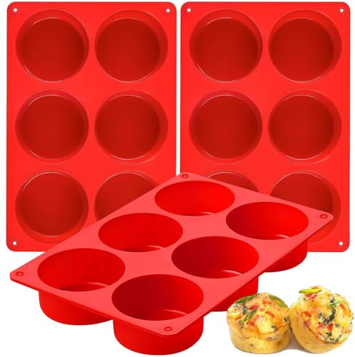 Moldes de silicona para mordeduras de huevo, paquete de 3 unidades de 3 pulgadas de profundidad, moldes redondos para huevos, desayuno, sándwiches, tortillas, rollos de cena, hornear, color rojo