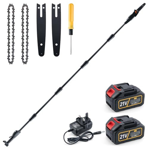 CHANGEMOORE Brushless Cordless Pole Saw 5-Section with 2x3.0Ah Battery & Charger, 265cm Mini Chainsaw with Extension Pole, Pole Chainsaw Long Reach for Pruning Garden, Fixed Saw Head More Stability