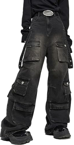 Jeans för Kvinnor Män Baggy Jeans Y2K Baggy Cargo Pants Grunge Parachute Pants Emo Alt Streetwear Hip Hop(Large)