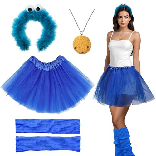 Ycaaeo 5er-Set Krümelmonster Kostüm Damen,Krümelmonster Kostüm Accessoires mit Blau Tüllrock,Krümelmonster Haarreif,Krümelmonster Halskette,Blau Bein Stulpen,für Karneval Mottoparty Cosplay