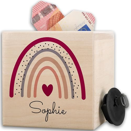 Holz - Holzspardose Regenbogen mit Name I Taschengeld Spardose mit Name I Geschenk Mädchen personalisiert I Mädchen Geldgeschenk - 10x10cm - Holz - personalisierte sparbox Kinder sparbüchse aus