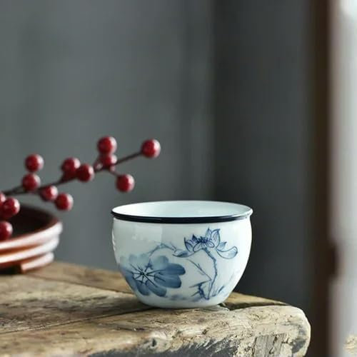 TPIONEER Taza de té de Porcelana Azul y Blanca con Pintura de Color Loto, Paisaje Pintado a Mano, Accesorios para té, Juego para Beber té