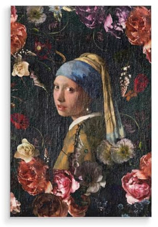 artboxONE Holzbild 60x40 cm Natur Vermeer-Mädchen mit Blumen von Künstler UtArt