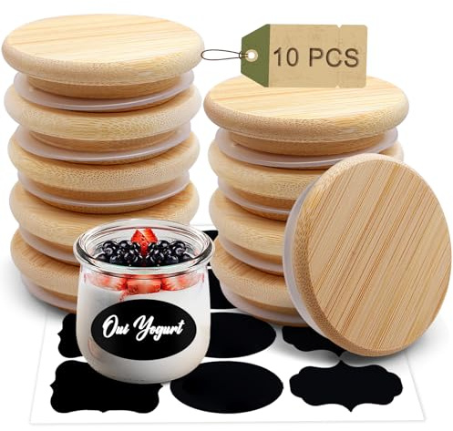 Oui Yogurt Jar Lids, Cymuber Leak Proof Wooden Lids Set with Silicone Sealing Rings, Reusable Natural Bamboo Canning Lids Covers with Bottle Label for 5 Oz Oui Yogurt Jars Storage (10 Pack)