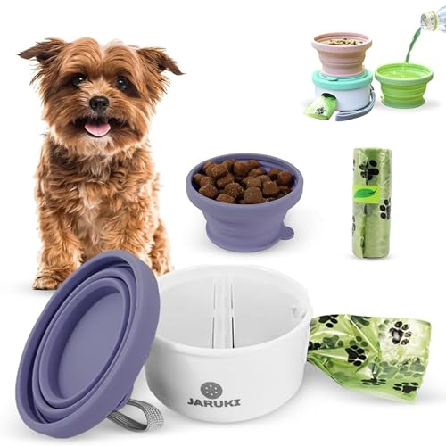 JARUKI® Comedero y Bebedero Perro Portátil + Rollo Bolsas| Bebedero Plegable Perro 2 Compartimentos con Tapa Extensible | Ahorra Espacio en Viajes y Paseos | Silicona Fácil de Lavar (Morado)