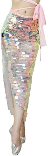 kostüm Damen sexy Fasching,glitzerrock,Damen Pailletten Rock Bauchtanz Rock Glitzer Meerjungfrau Rock Lang Wickelrock Sexy Maxirock mit Schlitz Glitzer Tanzrock,Gold,M