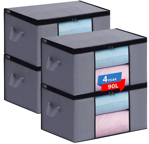 Boic 4 Pezzi Scatole Per Armadio, 90L Contenitori Per Armadio Salvaspazio, Scatole Per Vestiti Con Manico Rinforzato, Organizzatore Armadio Salvaspazio Per Armadio, Contenitori Vestiti, Coperte