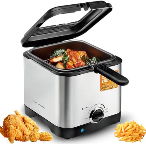 2,5L elektrisk fritös lätt att rengöra, 1000W liten fritös med friterskorgar, 130-190℃ temperaturjustering, non-stick, oljefritös i rostfritt stål för Chips Fries Donuts