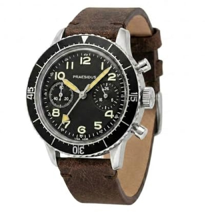 PRAESIDUS H-75 Mens Pilot Watch, 38mm Quartz Black Dial Brown Leather Strap