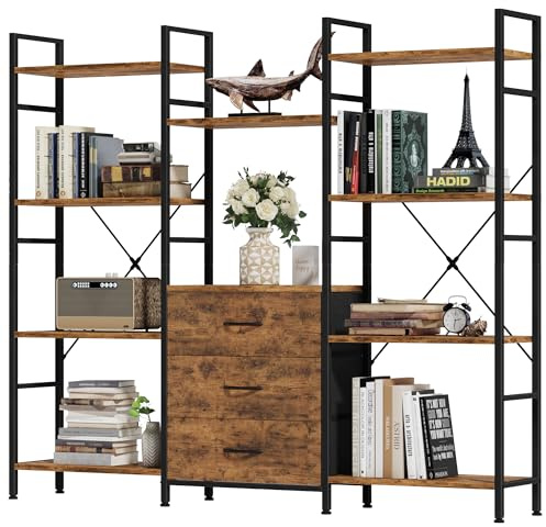 OYRREU Bücherregal mit 3 Schubladen, 150x142cm Standregal Raumteiler Regal | Regal Industrial Style, 10 offene Fächer, 3 Stoffschubladen, 142cm Hoch, Raumteiler für Wohnzimmer Schlafzimmer Büro Regal
