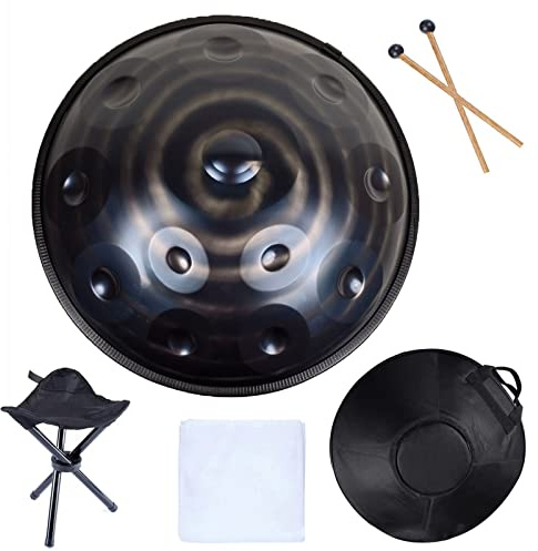 Handpan-Trommel in d-Moll, 9, 10, 12, 14 Töne, 22 Zoll, Stahlzungentrommel mit weicher Handpan-Tasche, professionelles Schlaginstrument, Handpan für Klang, persönliche Meditation (2, 9 Töne) (Schwar