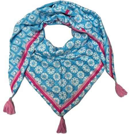 Zwillingsherz Dreieckstuch mit Blumenmuster, Türkis-Blau mit Rosa Quasten, Geometrisches Design