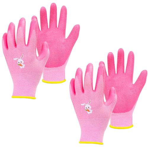 TOPWAYS Kids Gardening Gloves for Age 3 to 6, 2 Pairs Toddles Gardening Yard Gloves, Beach Combing Mittens, Rubber Coated Safety Boys Girls Work Gloves (2 pairs of pink gloves, S for Age 3 to 6)