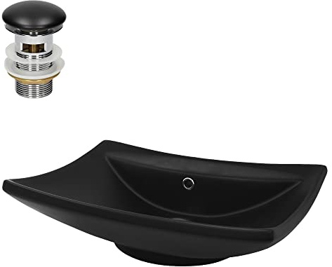 LuxeBath Waschbecken Keramik 610x455x185mm Schwarz mit Ablaufgarnitur Schwarz, Aufsatzbecken mit Überlauf, Aufsatzwaschbecken für Badezimmer/Gäste-WC, Waschtisch Waschschale Waschplatz Handwaschbecken