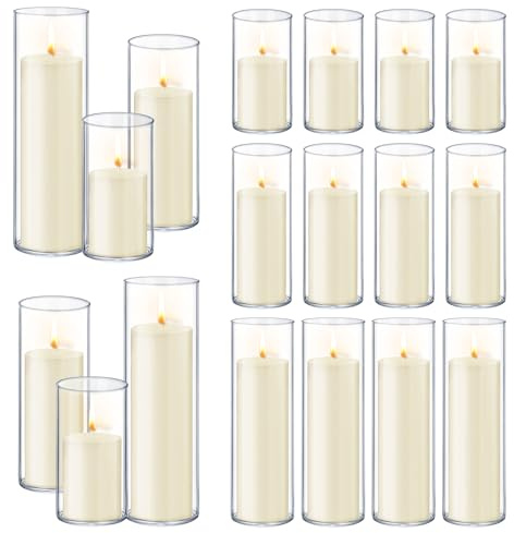 36 PCS Ivory White Pillar Candles with Glass Candle Holders Clear Hurricane Candle Holders Glass Cylinder Vases for Centerpieces Wedding Party, Event, Home Office (18 Candles+18 Candle Hoders)