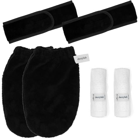 3-deligt Make-up Set – Hårband, Tvätthandske & Tvättlapp – 100% Bomull – För Ansiktsvård, Rengöring & Wellness | Svart, 2-delars set