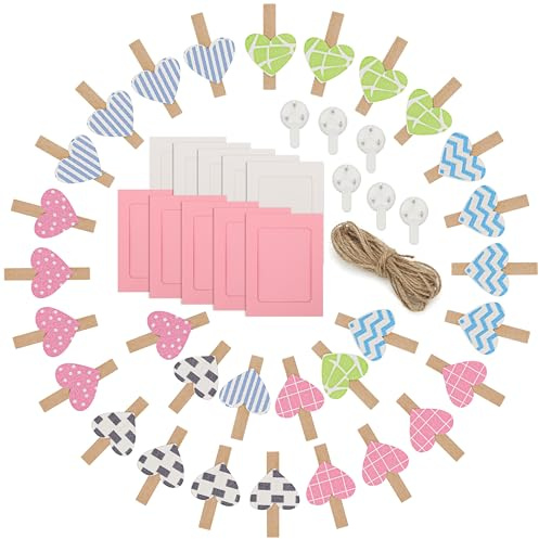 Lot de 30 Mini Pinces à Linge Bois, Mini Epingle en Bois avec 10 Cadres Photo en Papier et Crochets Corde, Petites Pinces à Linge en Forme de Cœur pour Photos, Cartes Postales, Travaux Manuels