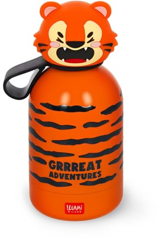 Legami - Botella de agua para niños Hot&Cold BFF, Tiger, doble capa de acero inoxidable 18/8 con cierre hermético, se mantiene caliente durante 12 h y fría durante 24 h, capacidad 310 ml