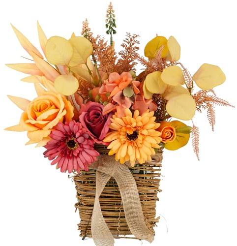 YELIKIT Flores artificiales con cesta colgante para decoración de pared, decoración otoñal, ramo de flores naranjas sintéticas en pequeñas cestas de mimbre para puerta delantera, utensilios de cocina