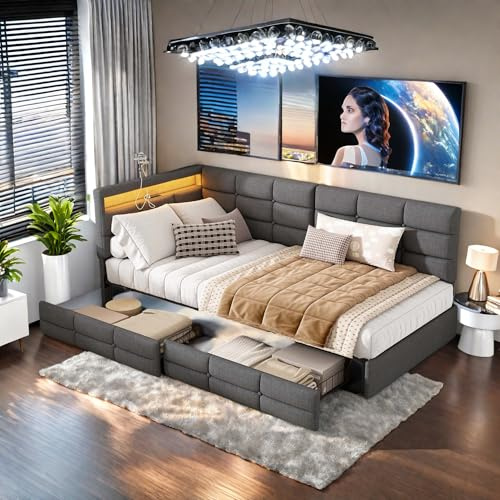 HNOUER Polsterbett 90x200 cm mit LED & USB-Ladegerät,Kinderbett 90x200 cm mit Stauraum,2 Schubladen Bettgestell Einzelbett Tagesbett mit LED-Kopfteil Jugendbett mit Lattenrost Ohne Matratze
