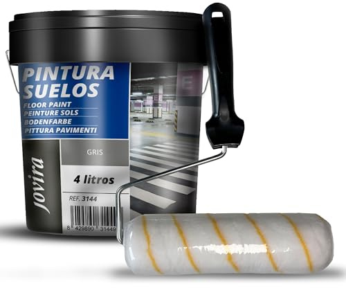 JOVIRA PINTURAS Pintura Suelos, Garajes y Pavimentos Deportivos en general, acabado Mate + Rodillo antigota 22 cm. (4 Litros, Gris + Rodillo antigota 22 cm) A-18-R