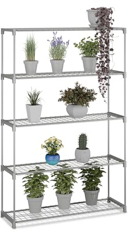 Relaxdays Blumenregal, HxBxT: 140 x 91 x 28 cm, 5 Ablagen, Stecksystem, Metall & Kunststoff, Gewächshaus Regal, grau