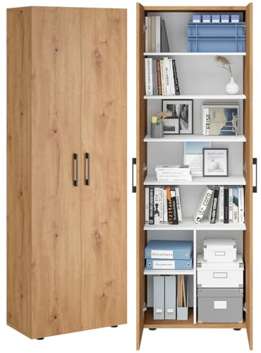 Bellamio Apol Aktenschrank 60 cm, Eichenoptik, 8 Fächer, Doppeltüren, Holz | Mehrzweckschrank, Hochschrank aus Holz, Aufbewahrungsschrank, Büroschrank, Flurschrank, Allzweckschrank, Schuhschrank