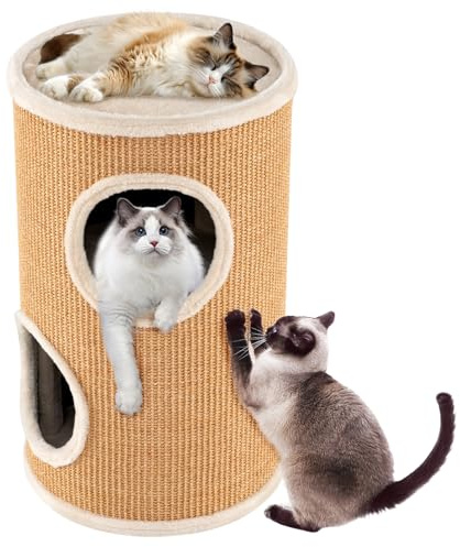 GYMAX Kratztonne Ø 36 cm, Höhe 60 cm, 2-stöckige Katzentonne mit Plüschsitz, Sisal-Kratzbrett, großen Eingängen & innerem Tunnel, Stabiler Kratzbaum für Kätzchen bis 15 kg, Gelb-Braun