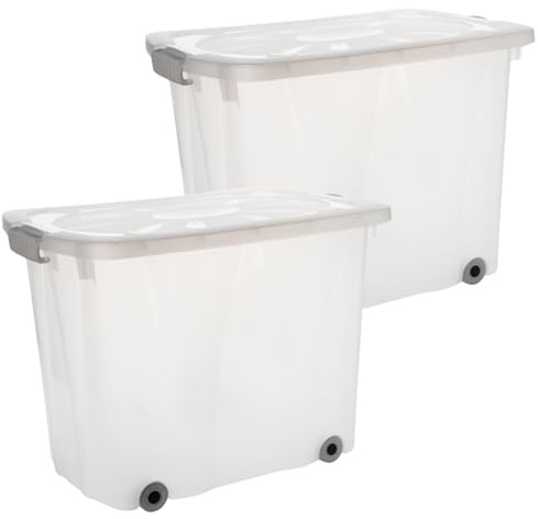 2friends Aufbewahrungsbox mit Deckel 60L 2er Set 60x42x38cm, Stapelbare Plastikbox mit Rollen, Clip-Verschlüssen, Transparent mit Grauem Deckel, Ideal für Büro, Küche, Garage, Kinderzimmer, Made in EU