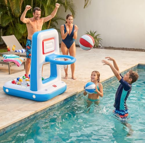 QPAU Pool Basketball Hoop with Built-in Cooler, 42 Heavy Duty Poolside & Floating Basketball Hoop for Inground and Above Ground Pools, Inflatable Water Basketball Set with 2 Balls, Pumps and Anchors
