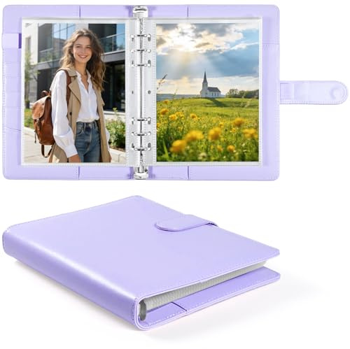 Album Foto 60 Posti – Buste Porta Foto 13x18 cm – Raccolgitore ad Anelli 6 Anelli in Similpelle Bianco – Copertina Rigida con Caricamento dall'Alto – Porta Photo Card per Fotografie (Viola)