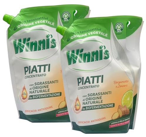 2x Busta Ricarica Sapone PIATTI Concentrato, Con Sgrassanti Di Origine Naturale Da Biofermentazione. Delicato Sulla Pelle 900ml (BERGAMOTTO E ZENZERO)