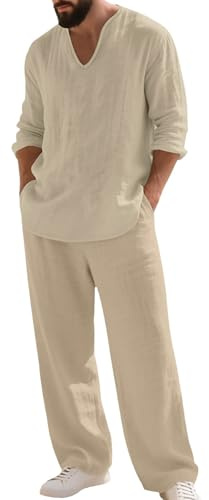 Tuta Uomo Sportiva 2 Pezzi Estivi Completo In Lino Casual Elegante Completa Camicia E Pantaloni Con Elastico Vita, a Maniche Lunghe Tuta Sportiva In Tinta Unita Morbido Vacanza Per Il Tempo Libero