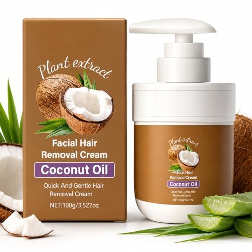 Coconut Oil Hair Removal Cream, Facial Depilatory Cream, Sensitive Skin Hair Removal Cream for Women & Men, Hair Remover for Upper Lip, Chin, Face & Body, Gentle Moisturising for Smooth Skin, 100g