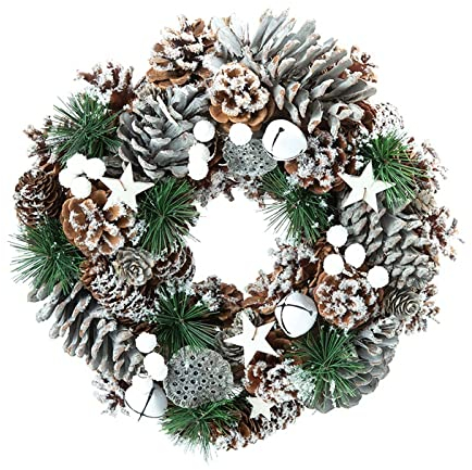 Tisch- oder Türkranz rund 30 cm ø - Winter-Kranz mit Zapfen und Glöckchen beschneit - Herbst und Winter als Willkommensgruß (Art. H3)