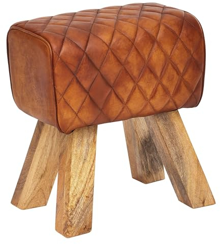 Wohnling Sitzhocker Echtleder/Massivholz 40x48x27 cm Modern Fußhocker, Turnbock Lederhocker Braun, Kleiner Hocker Gepolstert, Holzhocker mit Leder-Bezug